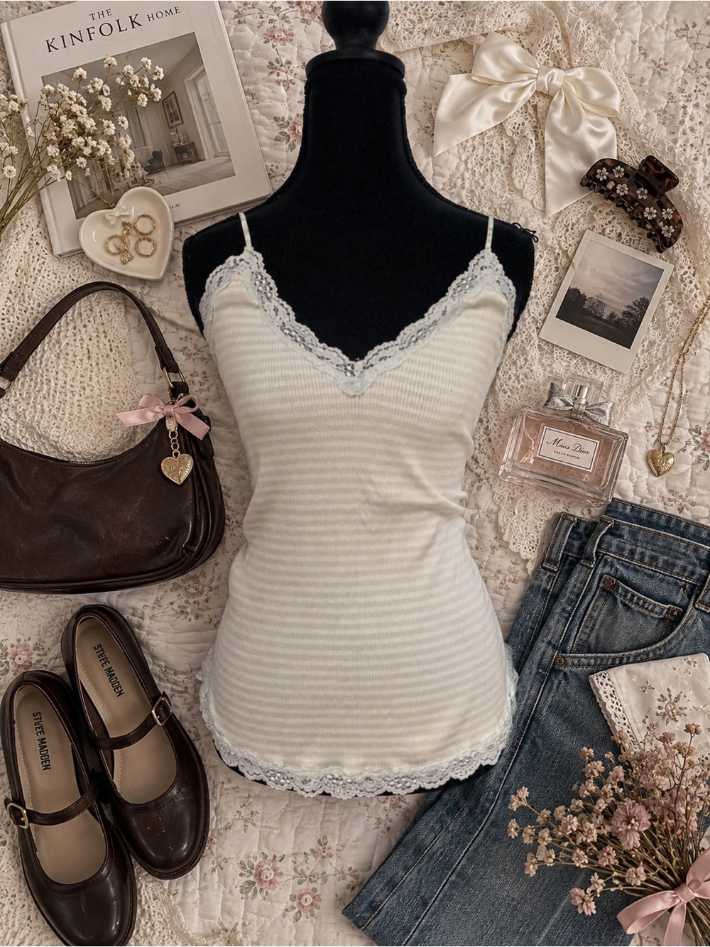 Vintage 2005 Banana Republic Lace Cami Tank Top Ivory Ribbed Cotton XL Y2K